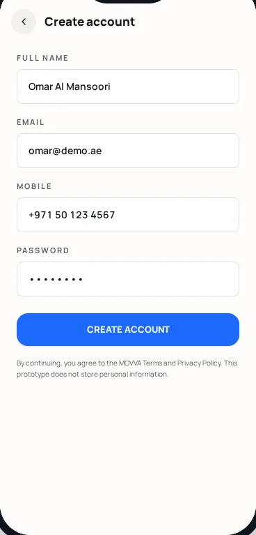 Register screen mockup