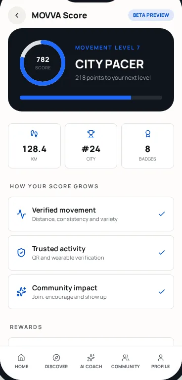 MOVVA Score & Rewards screen mockup