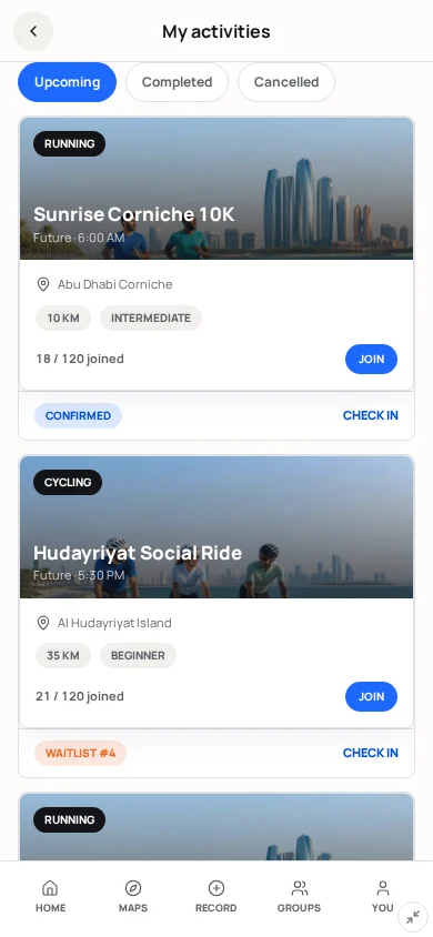 My Activities screen mockup