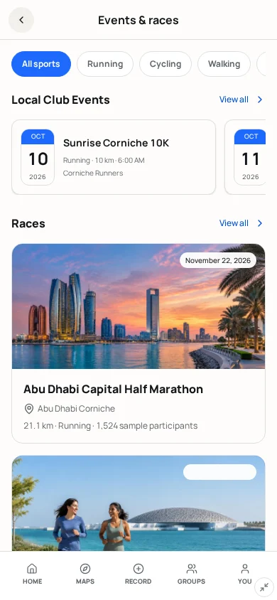 Local Events & Races screen mockup