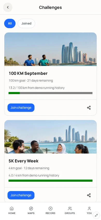 Challenges screen mockup