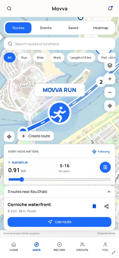 Routes & Events Map screen mockup