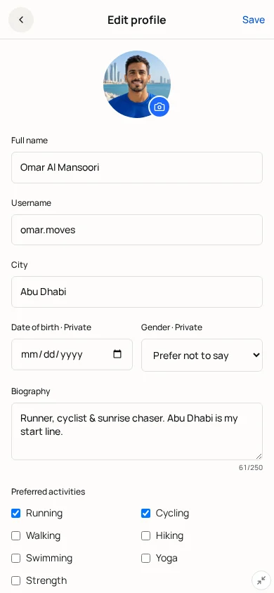 Full-screen Edit Profile screen mockup